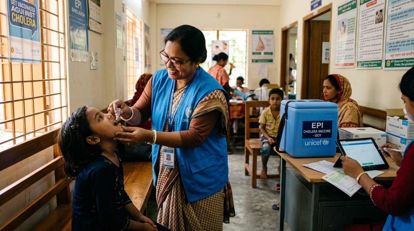 A community health worker administering oral cholera vaccine drops in a neighborhood clinic in Dhaka, Bangladesh