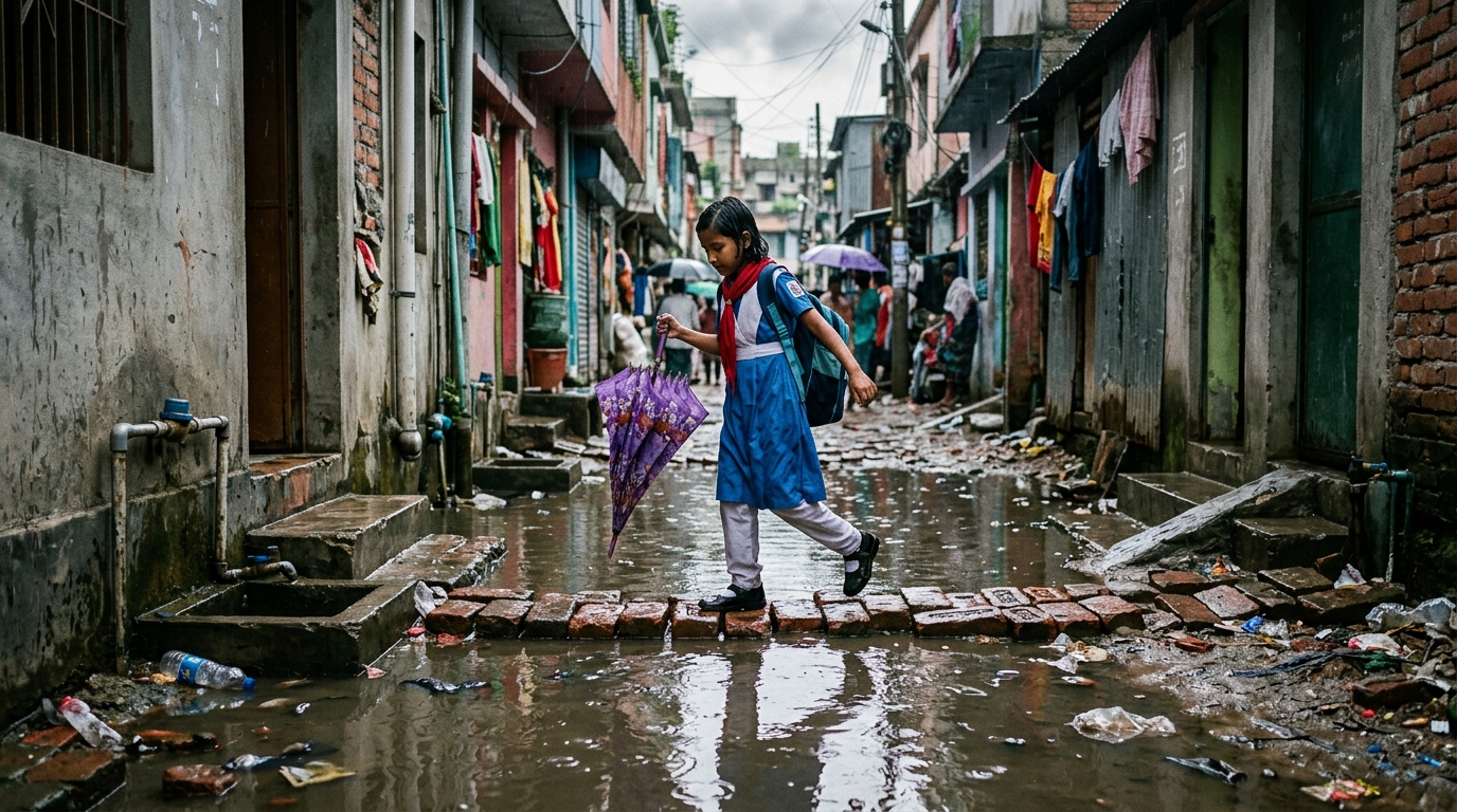 A schoolgirl navigating waterlogged brick pathways in Jurain, Dhaka amidst standing water and mosquito breeding conditions